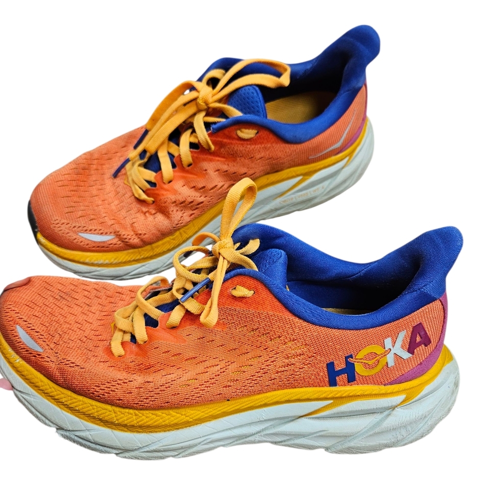 HOKA One One Clifton 8 Women 7.5 B Road Running Shoes Coral Orange Sneakers